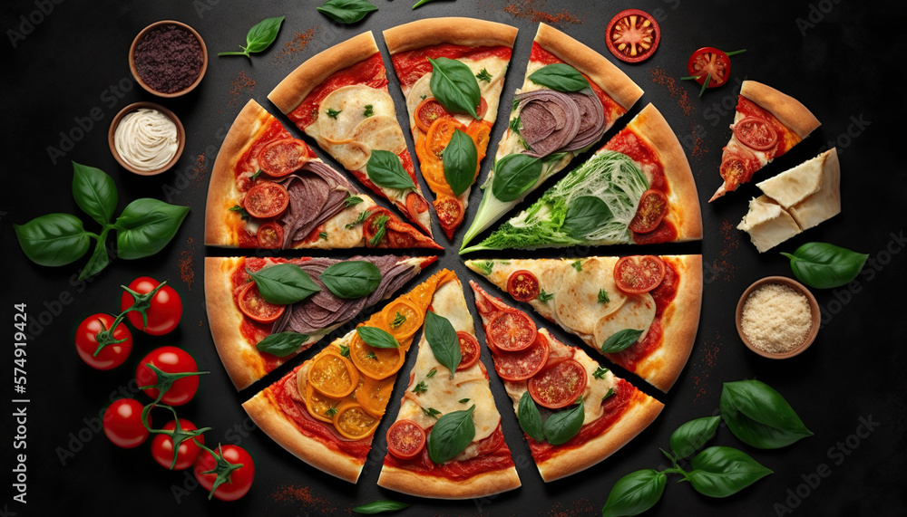 Italian pizza and pizza cooking ingredients on black concrete background. Generative AI