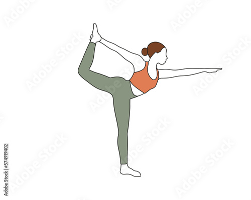 Brunett girl doing yoga pilates gymnastics sport in orange and green sportform standing on one leg on white background in line style