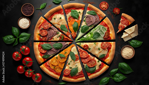 Italian pizza and pizza cooking ingredients on black concrete background. Generative AI