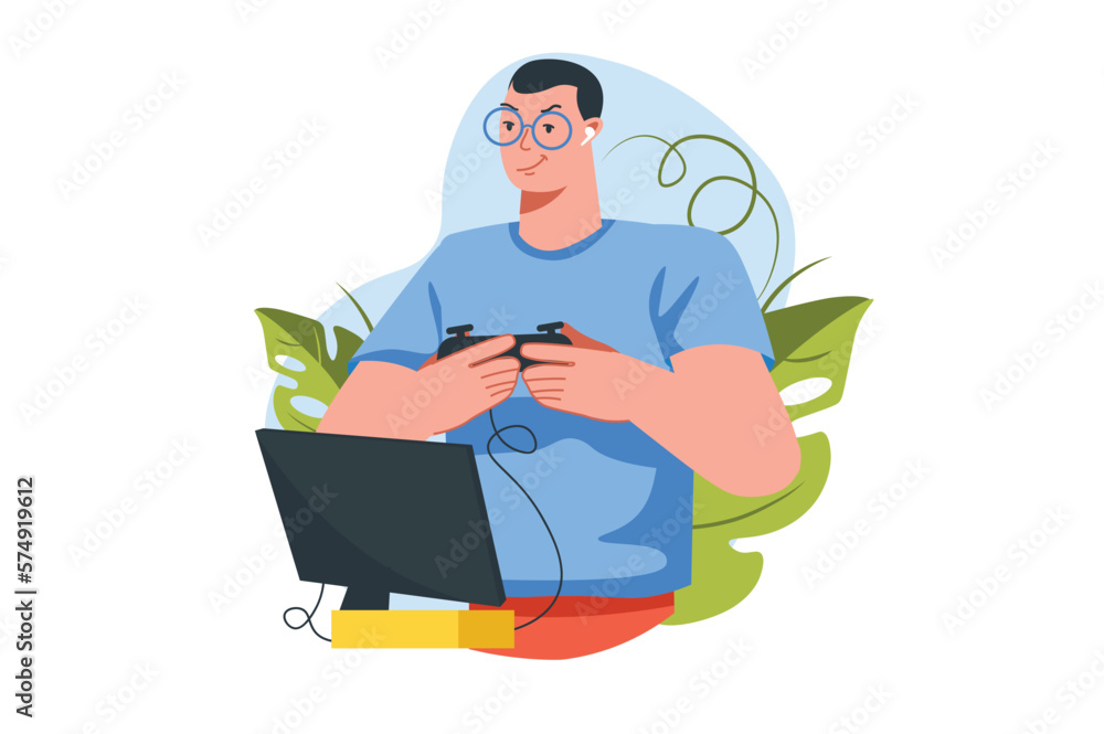 Concept Gaming with people scene in the flat cartoon style. Man plays computer games on a laptop with a play station. Vector illustration. Concept Gaming with people scene in the flat cartoon style. Man plays computer games on a laptop with a play station. Vector illustration.