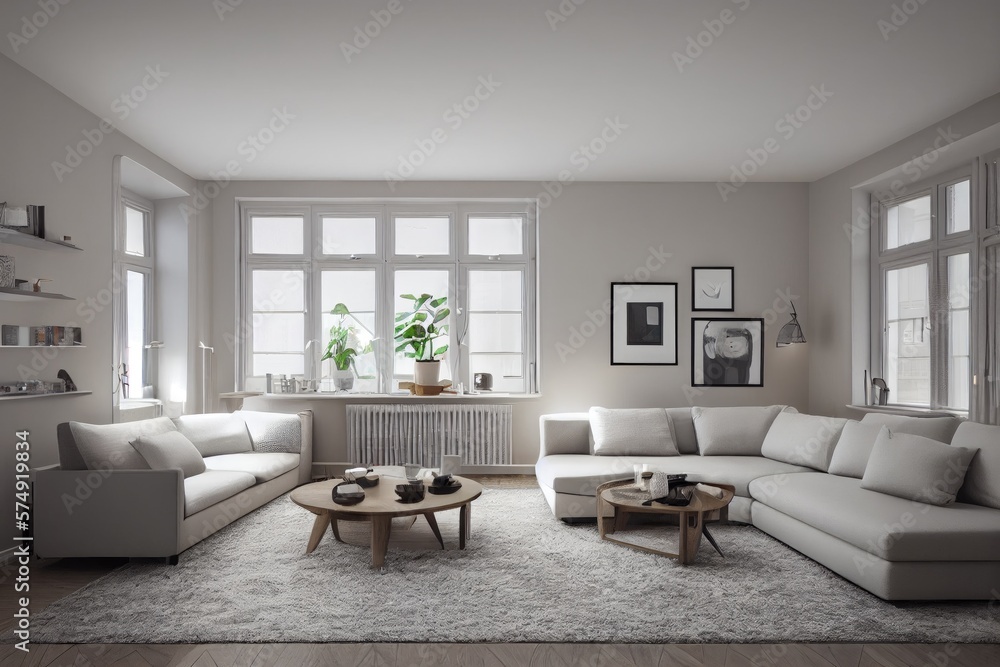 Fototapeta premium Stylish scandinavian living room with design mint sofa, furnitures, mock up poster map, plants and elegant personal accessories. Modern home decor. Bright and sunny room. Generative AI illustration.