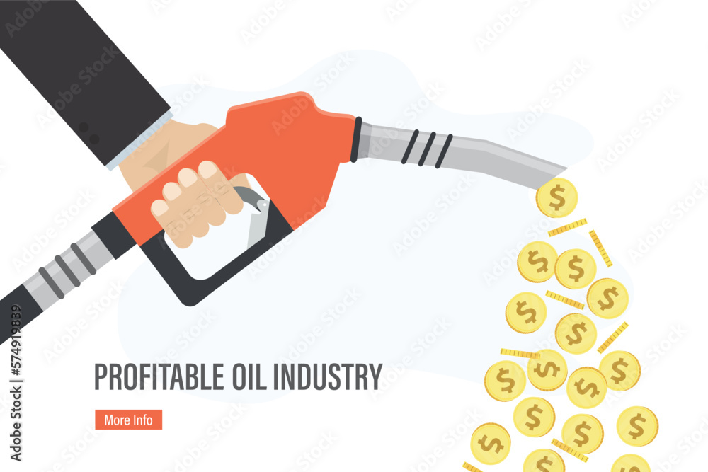 Fuel pump in hand man. Profit from sale of petroleum products. Expensive gasoline. Money is pouring out fuel nozzle. Gasoline pump with golden coins. Profitable oil industry.