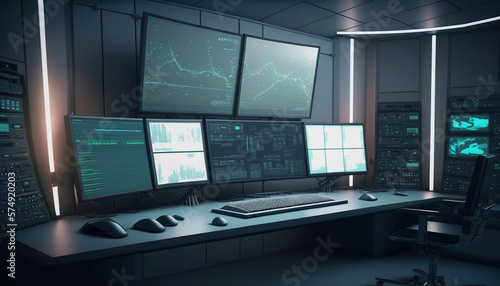 Security Control Room with Multipoke Computer Screens. Generative AI © Putra