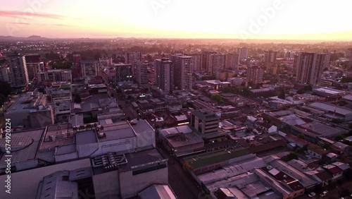 Sunset Over Picturesque City Skyline Of Temuco In Araucania Region, Chile. wide aerial photo
