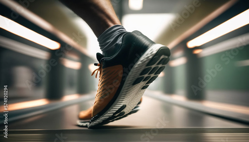 Athlete runner feet running on treadmill closeup on shoes. Generative