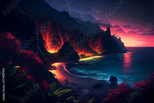 Glowing mountain llandscape sunset on the coastlline. Background with beautiful beach. Hawaii Volcanoes National Park. Colorful illustration.Generative Ai