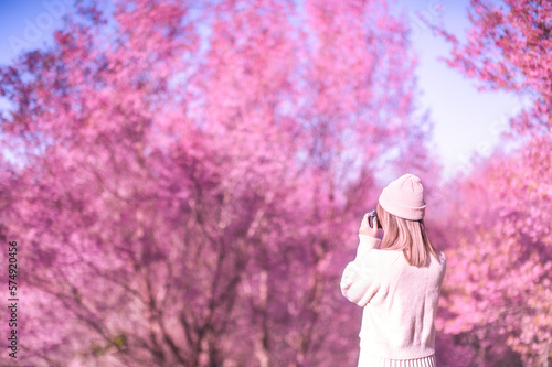 Young girl taking photos of pink tree flowers in the park in spring