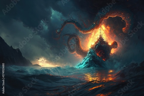 The Tempest of Flames Beholding the Awesome Power of a Fire Tornado Engulfing the Open Ocean Cthulhu emerges from the waters Generative AI photo