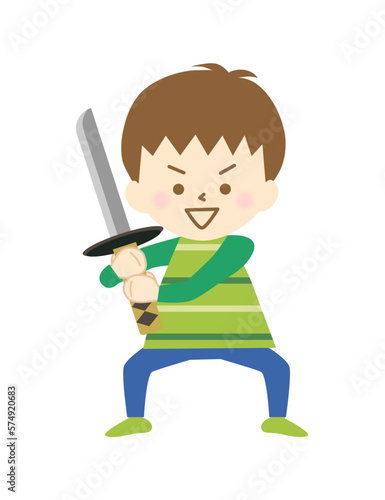 刀を構えて、ごっこ遊びをする男の子