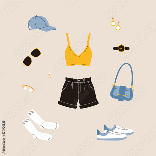 Women stylish outfit. Crop top shorts sneakers cap bag glasses accessories, fashion summer look. Vector cartoon illustration