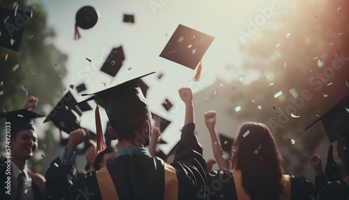 A group of students celebrating their graduation by throwing caps in the air closeup. Generative AI photo