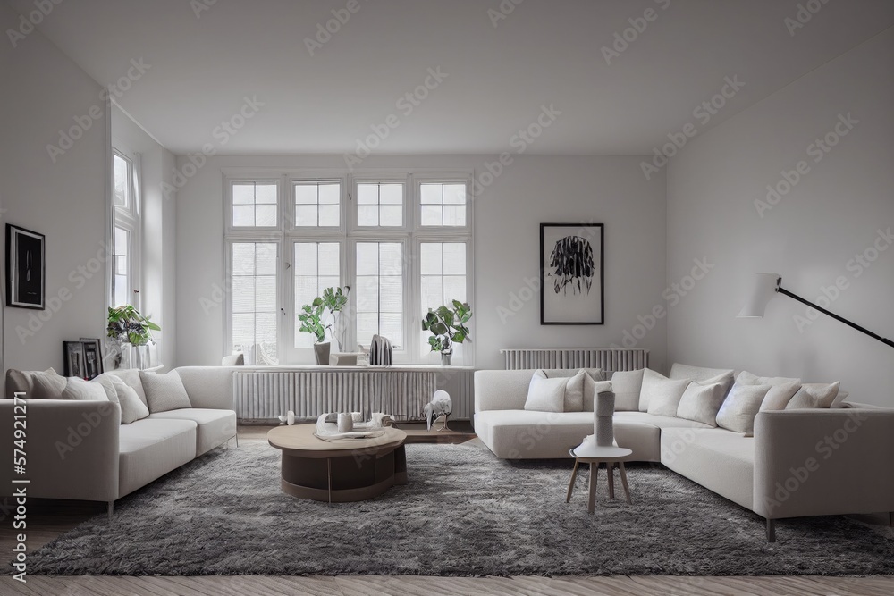 Fototapeta premium Stylish scandinavian living room with design mint sofa, furnitures, mock up poster map, plants and elegant personal accessories. Modern home decor. Bright and sunny room. Generative AI illustration.