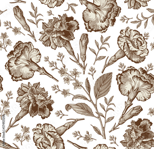 Seamless pattern carnation clove. Beautiful blooming realistic isolated flowers. Vintage background fabric wildflowers. Wallpaper baroque Drawing engraving sketch Vector illustration