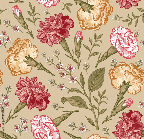 Seamless pattern carnation clove. Beautiful blooming realistic isolated flowers. Vintage background fabric wildflowers. Wallpaper baroque Drawing engraving sketch Vector illustration