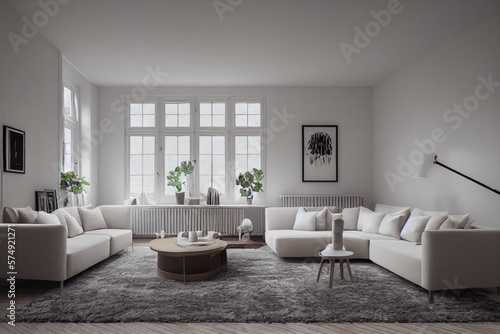 Stylish scandinavian living room with design mint sofa  furnitures  mock up poster map  plants and elegant personal accessories. Modern home decor. Bright and sunny room. Generative AI illustration.