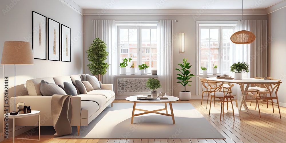 Stylish scandinavian living room with design mint sofa, furnitures, mock up poster map, plants and elegant personal accessories. Modern home decor. Bright and sunny room. Generative AI illustration. Stylish scandinavian living room with design mint sofa, furnitures, mock up poster map, plants and elegant personal accessories. Modern home decor. Bright and sunny room. Generative AI illustration.