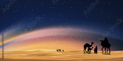 Ramadan Kareem card,Muslim caravan riding camels on desert sand dunes with dusk sky,Milky Way and Orange light,Vector banner Ramadan Night for Islamic religion,Eid al Adha,Eid al fitr,Eid Mubarak © Anchalee