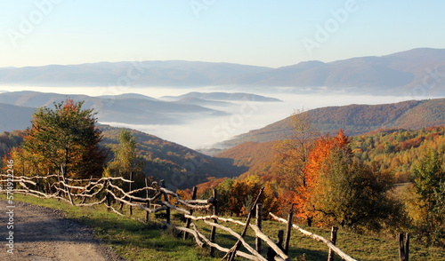 A beautiful view, mountain peaks in a foggy blanket, a dirt road with a wooden fence, yellowed trees, late autumn in the Ukrainian Carpathians,