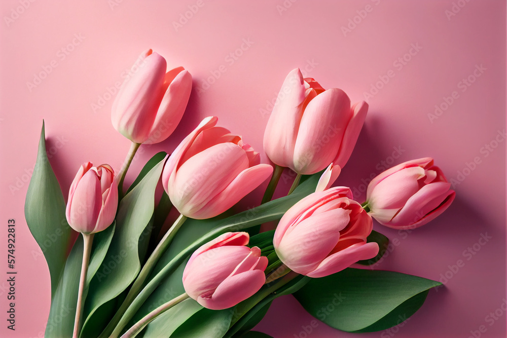 Obraz premium Spring tulip flowers on pink background top view in flat lay style. Greeting for Womens or Mothers Day or Spring Sale Banner. Generative Ai.