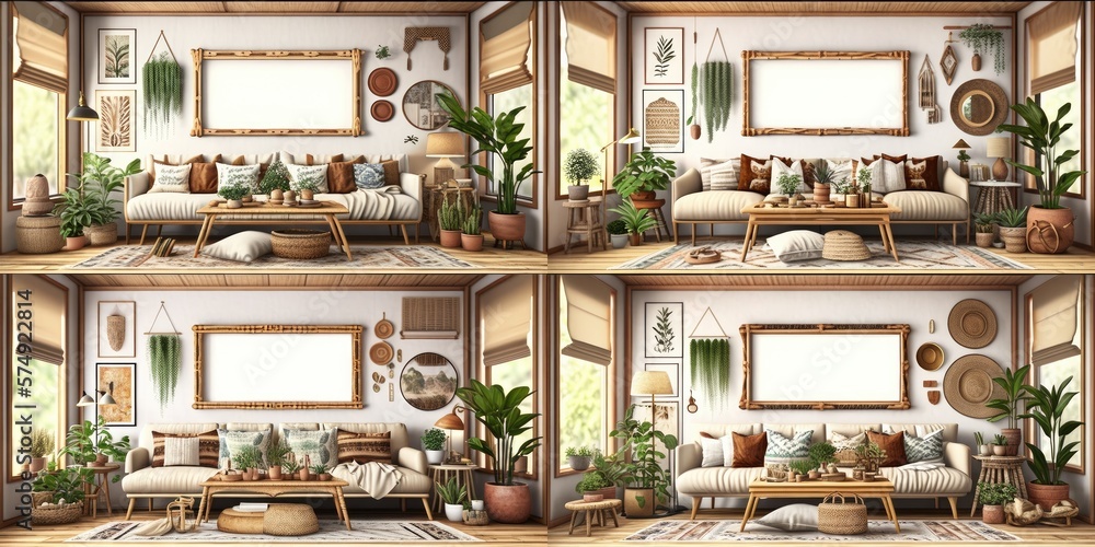 Stylish scandinavian living room with design mint sofa, furnitures, mock up poster map, plants and elegant personal accessories. Modern home decor. Bright and sunny room. Generative AI illustration. Stylish scandinavian living room with design mint sofa, furnitures, mock up poster map, plants and elegant personal accessories. Modern home decor. Bright and sunny room. Generative AI illustration.