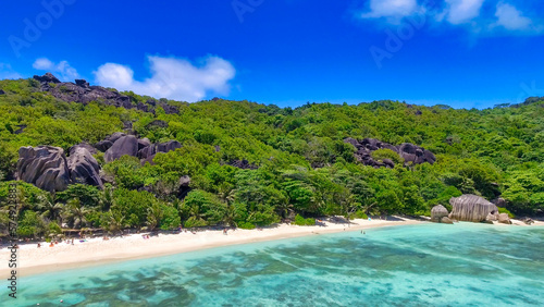 Anse Source Argent, La Digue. Amazing aerial view from drone on a beautiful sunny day © jovannig
