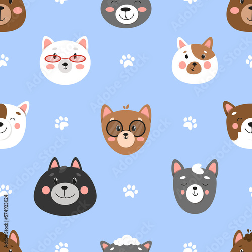 Set of different cats, seamless pattern with cats, cute pets pattern, different cats. illustration in flat style, cat face 