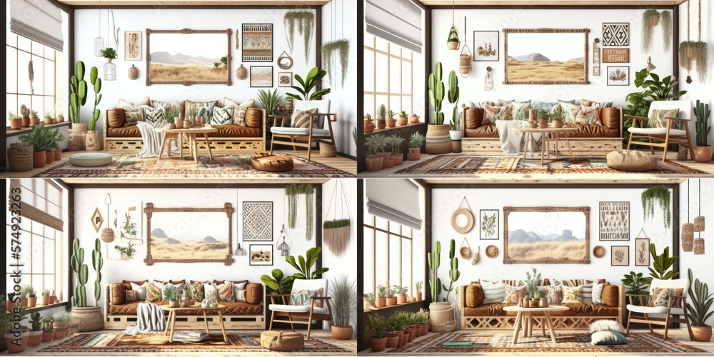 Stylish scandinavian living room with design mint sofa, furnitures, mock up poster map, plants and elegant personal accessories. Modern home decor. Bright and sunny room. Generative AI illustration. Stylish scandinavian living room with design mint sofa, furnitures, mock up poster map, plants and elegant personal accessories. Modern home decor. Bright and sunny room. Generative AI illustration.