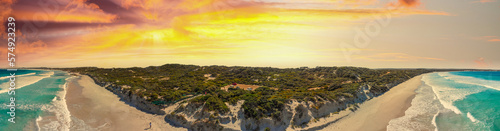 Kangaroo Island  Australia. Pennington Bay waves and coastline  panoramic aerial view from drone at sunset