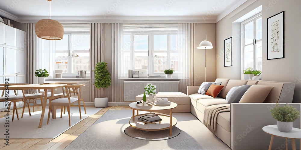 Fototapeta premium Stylish scandinavian living room with design mint sofa, furnitures, mock up poster map, plants and elegant personal accessories. Modern home decor. Bright and sunny room. Generative AI illustration.