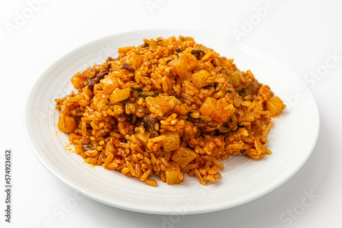 Radish kimchi fried rice on white background