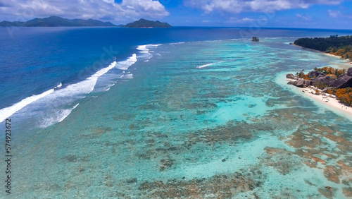 Coral Reef from drone. Seychelles beach and rocks on a sunny day