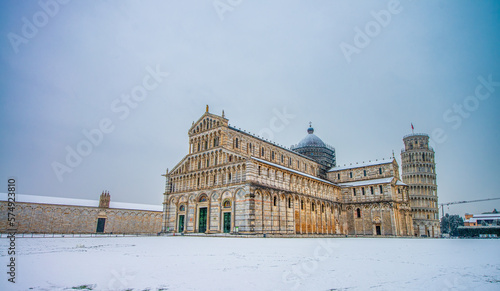 Pisa under the snow. The famous cathedral in Field of Miracles after a snowstorm