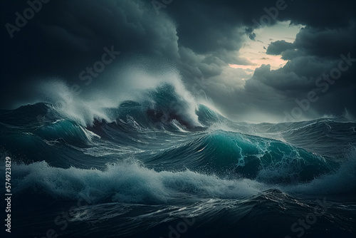 An image of a stormy sea with dark clouds overhead, the turbulent and unpredictable With Generative AI © Natthithin