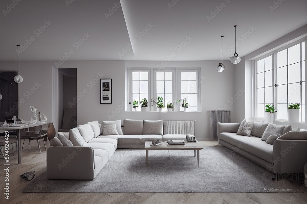 Fototapeta premium Stylish scandinavian living room with design mint sofa, furnitures, mock up poster map, plants and elegant personal accessories. Modern home decor. Bright and sunny room. Generative AI illustration.