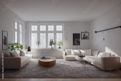 Stylish scandinavian living room with design mint sofa  furnitures  mock up poster map  plants and elegant personal accessories. Modern home decor. Bright and sunny room. Generative AI illustration.