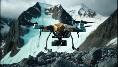 Camera drone flying over glacier rocky mountains. Generative AI