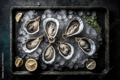 fresh oysters on a tray, Top view, on a black background. Food background. Healthy food concept. Healthy diet. AI © ZinetroN