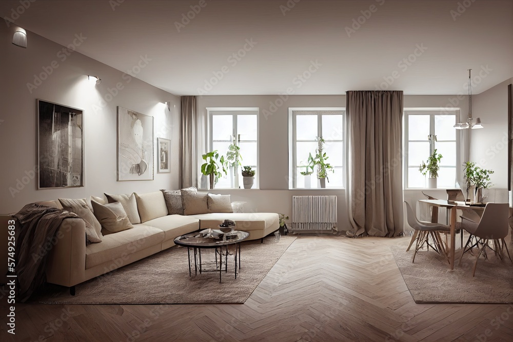 Fototapeta premium Stylish scandinavian living room with design mint sofa, furnitures, mock up poster map, plants and elegant personal accessories. Modern home decor. Bright and sunny room. Generative AI illustration.