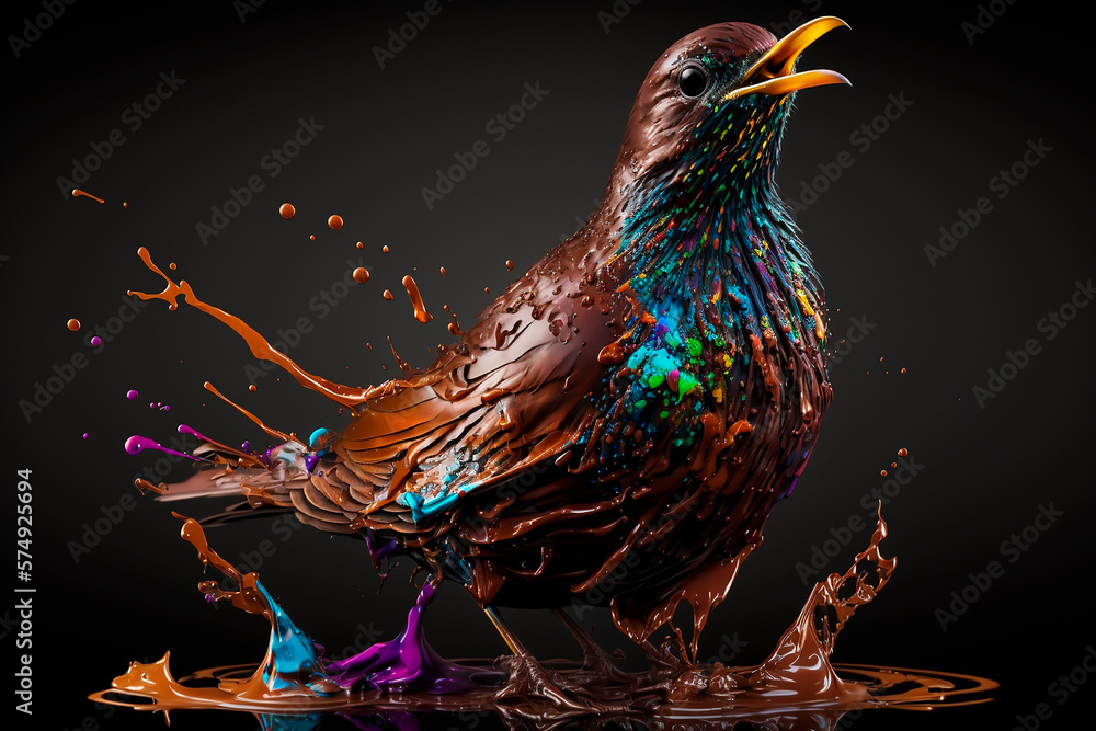 Fototapeta premium generative ai illustration of bird portrait made from colorful liquid chocolate, splashes