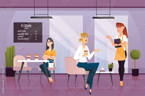 Caffe concept with people scene in the background cartoon design. Waiter takes an order from a woman who came to the caffe to drink coffe. Vector illustration.