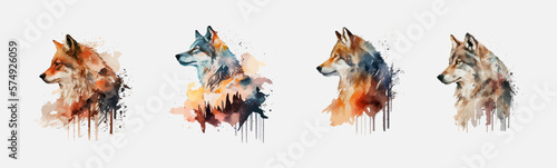 Watercolor wolf on a white background. Beautiful noble wolf. Sketch, color portrait of a wolf head on a white background with splashes of watercolor. Set of watercolor wolves. Ideal for postcard.