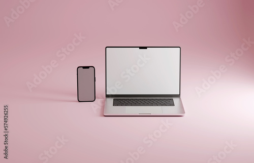 High end phone and laptop on pink studio backdrop. Blank mockup template screen. 