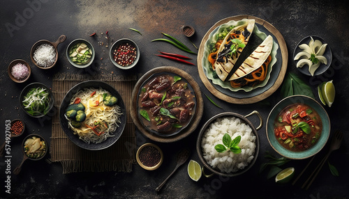 Various of asian meals on rustic background. Generative AI