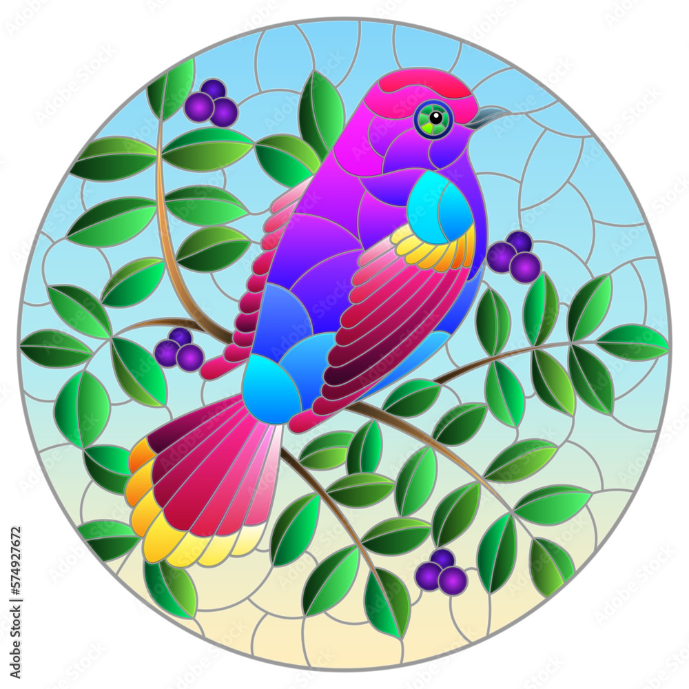 An illustration in the style of a stained glass window with a bright bird on the branches of trees, against a blue sky background, round image An illustration in the style of a stained glass window with a bright bird on the branches of trees, against a blue sky background, round image
