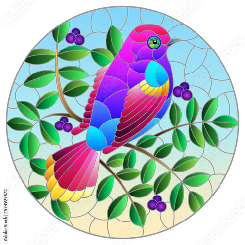 An illustration in the style of a stained glass window with a bright bird on the branches of trees, against a blue sky background, round image