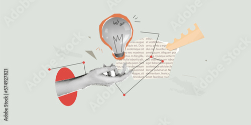 Vector collage grunge banner. A hand cut out of paper holds a light bulb that symbolizes an idea. Clippings from a magazine with text. Doodle elements on retro poster.