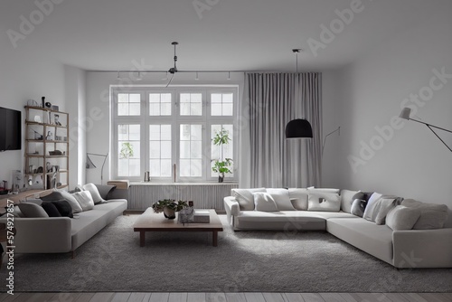 Stylish scandinavian living room with design mint sofa  furnitures  mock up poster map  plants and elegant personal accessories. Modern home decor. Bright and sunny room. Generative AI illustration.