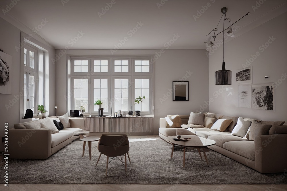 Fototapeta premium Stylish scandinavian living room with design mint sofa, furnitures, mock up poster map, plants and elegant personal accessories. Modern home decor. Bright and sunny room. Generative AI illustration.