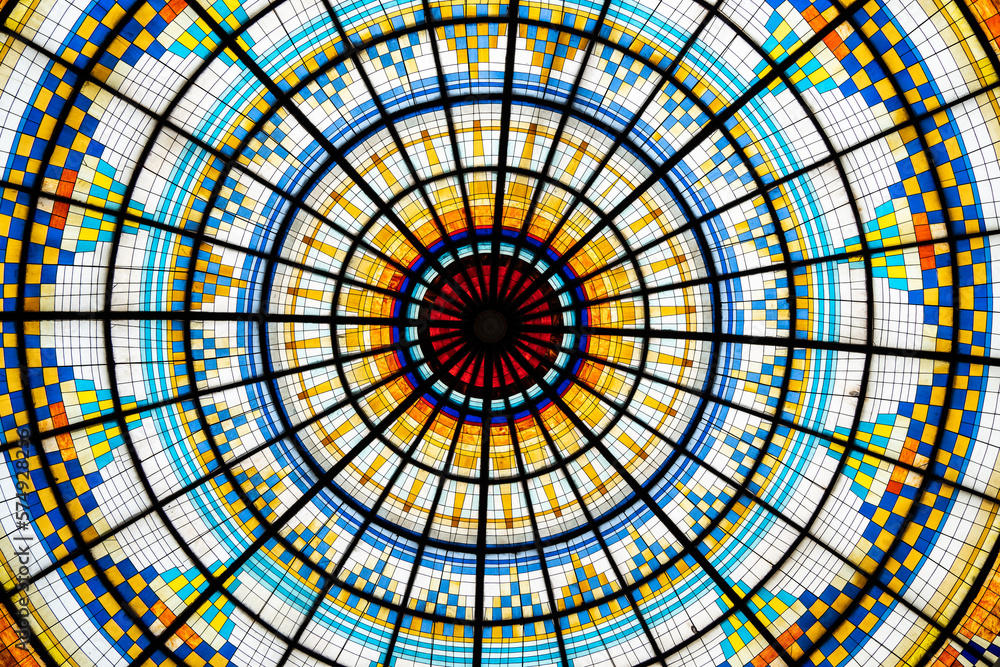 colorful mosaic, architecture symmetric, stained glass ceiling