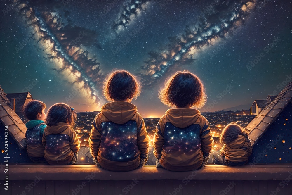 Kids sitting on roof at night little boy and girl looks at stars on sky ...